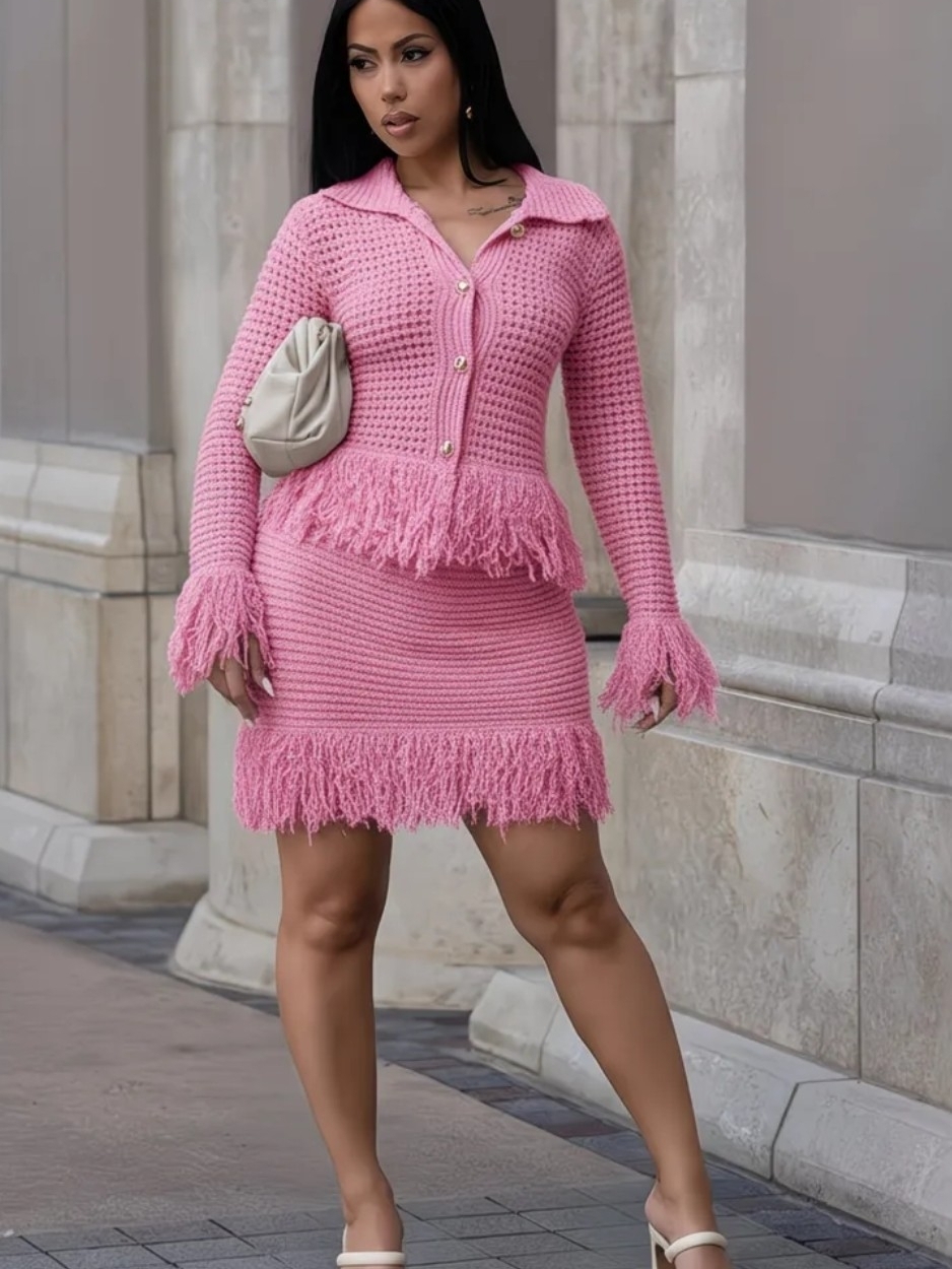 Pink Fringe Knit Mini Skirt - Stylish Women's Skirt